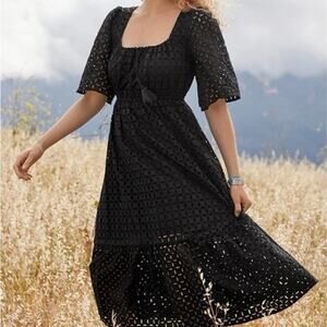 Johnny Was Jade Black Misty Eyelet Short Sleeve Midi Dress Boho Chic Med